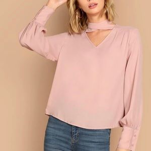 Crisscross choker neck pink blouse